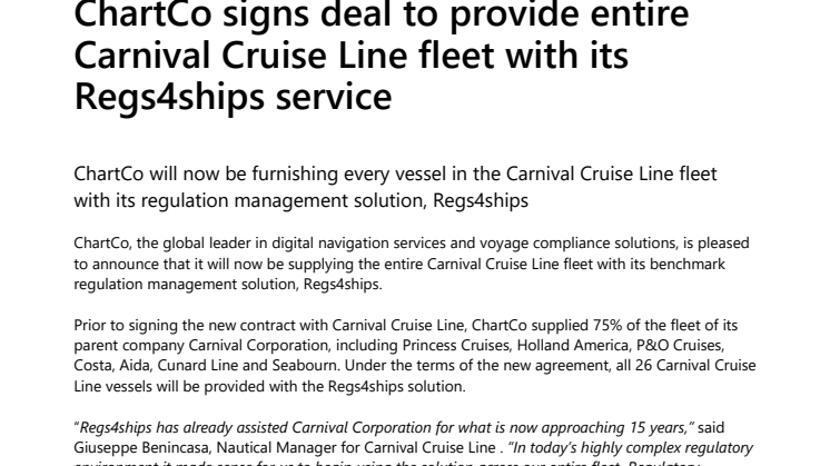 ChartCo signs deal to provide entire Carnival Cruise Line fleet with its Regs4ships service