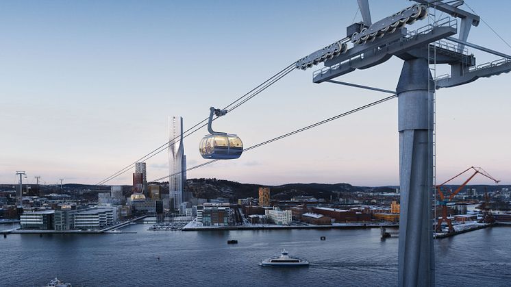 Early illustration of what a cable car across the river Göta älv in central Gothenburg might look like. Illustration: Tomorrow