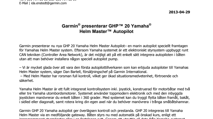 Garmin® presenterar GHP™ 20 Yamaha® Helm Master™ Autopilot