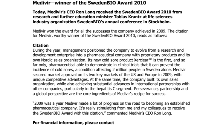 Medivir - Winner of Sweden BIO Award 2010