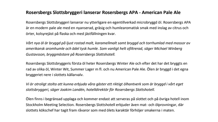 Rosersbergs Slottsbryggeri lanserar Rosersbergs APA - American Pale Ale
