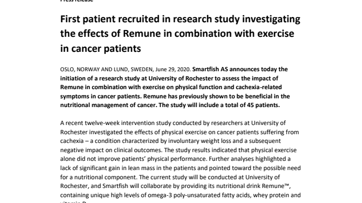 First patient recruited in research study investigating the effects of Remune in combination with exercise in cancer patients