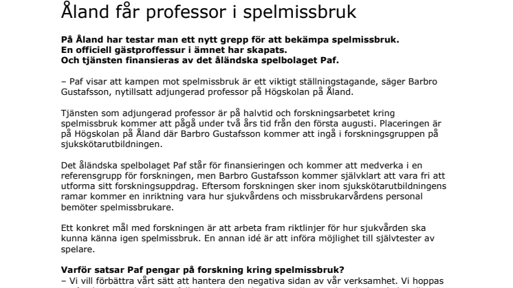 Åland får professor i spelmissbruk
