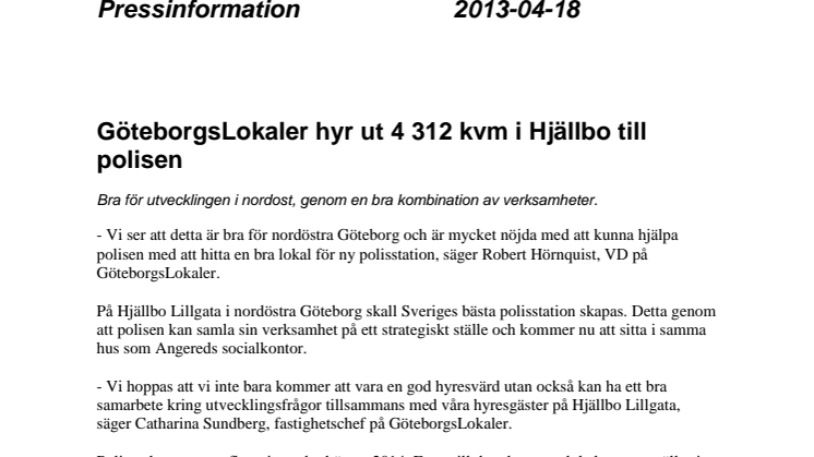 GöteborgsLokaler hyr ut 4 312 kvm i Hjällbo till polisen
