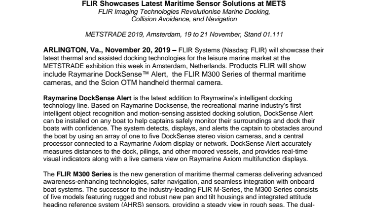 METSTRADE 2019: FLIR Showcases Latest Maritime Sensor Solutions at METS 