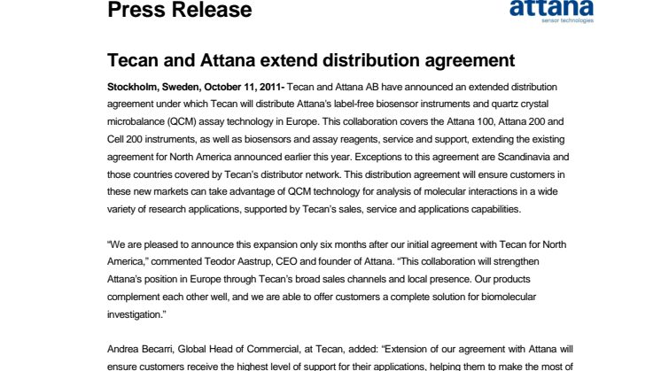 Tecan and Attana extend distribution agreement