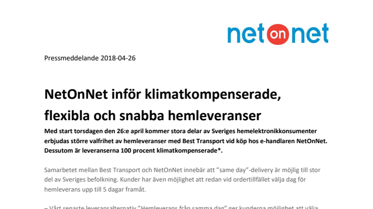 NetOnNet inför klimatkompenserade, flexibla och snabba hemleveranser 
