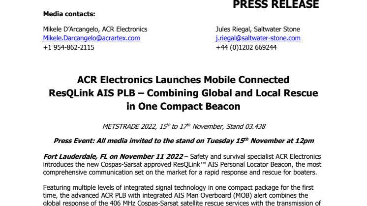11 Nov 22 - METSTRADE - ACR Electronics Launches ResQLink AIS PLB.pdf