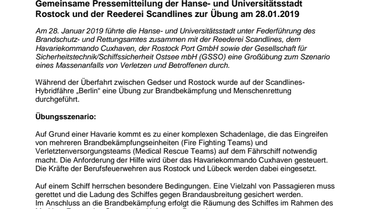 Gemeinsame Pressemitteilung der Hanse- und Universitätsstadt Rostock und der Reederei Scandlines zur Übung am 28.01.2019