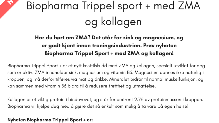 Nyhet! Biopharma Trippel sport + med ZMA og kollagen