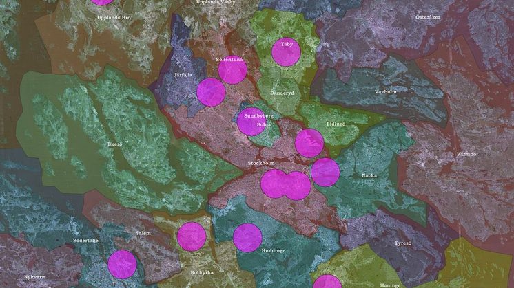 14 identifierade strategiska geografiska områden i Stockholms län där laddinfrastruktur bedömts lämpligast utifrån bl.a. närhet till jord- och bergmassors uppkomst och behov.