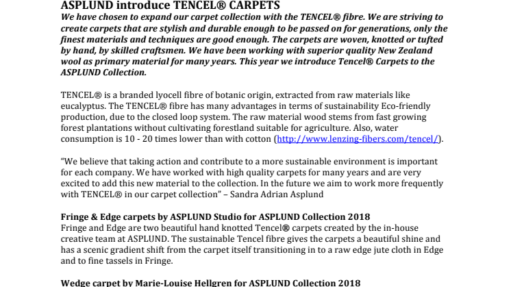 ASPLUND introduce TENCEL® CARPETS