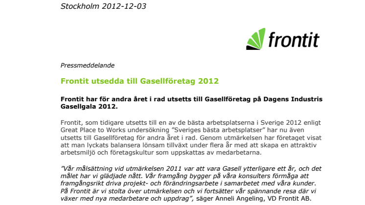 Frontit utsedda till Gasellföretag 2012