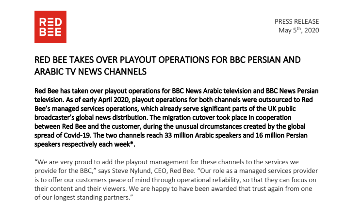 Red Bee Takes Over Playout Operations for BBC Persian and Arabic TV News Channels