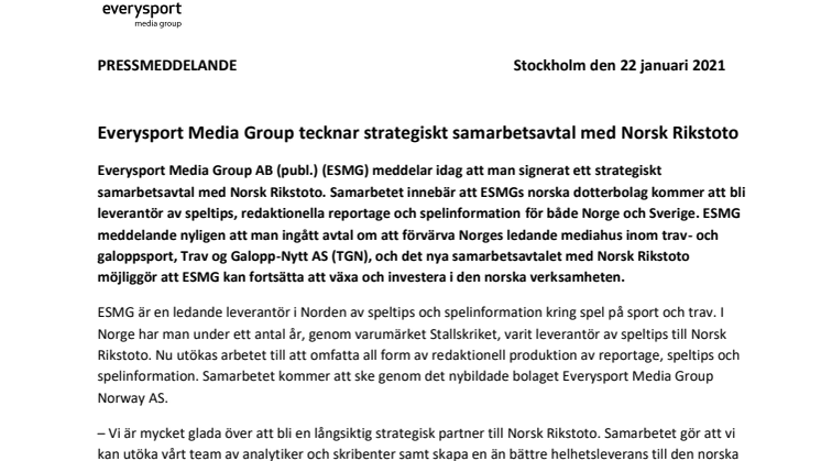 Everysport Media Group tecknar strategiskt samarbetsavtal med Norsk Rikstoto
