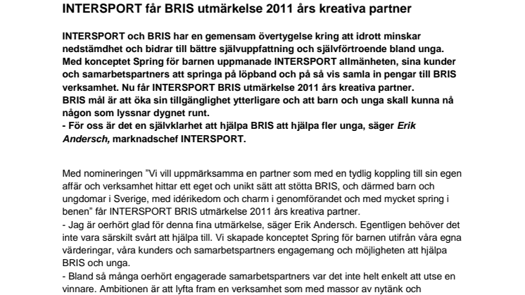 INTERSPORT får BRIS utmärkelse 2011 års kreativa partner