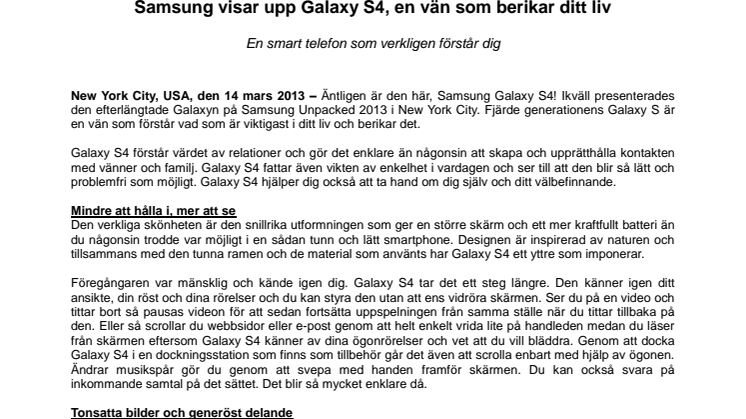 Samsung visar upp Galaxy S4, en vän som berikar ditt liv