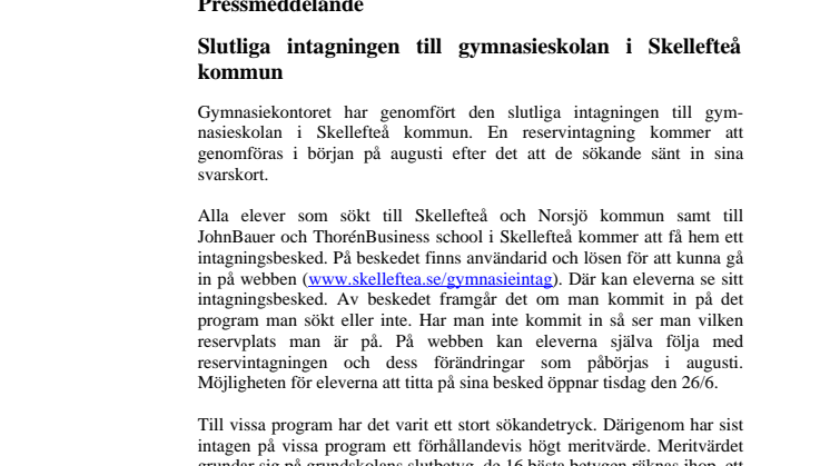 Slutliga intagningen till gymnasieskolan i Skellefteå kommun