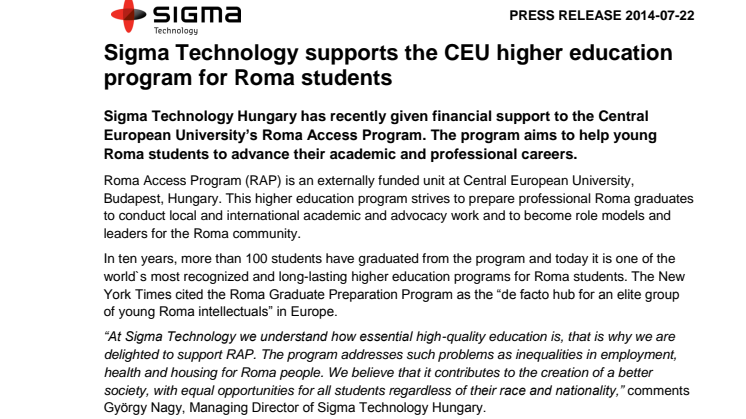 Sigma Technology supports the CEU higher education program for Roma students