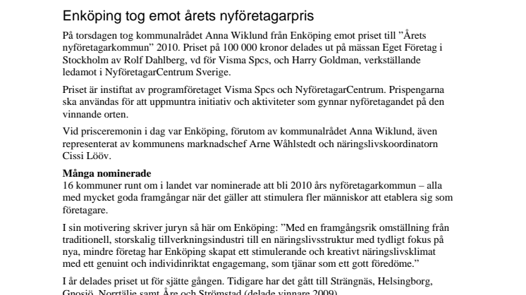 Enköping tog emot årets nyföretagarpris