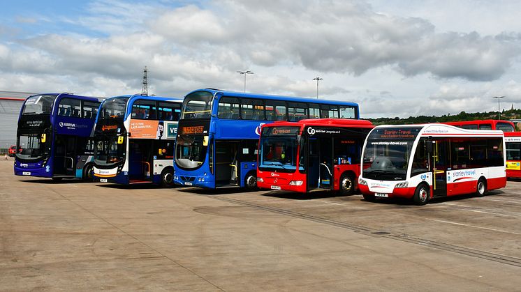 NEbus lineup including buses from Arriva North East, Stagecoach North East, L & G Coaches, Go North East and Stanley Travel