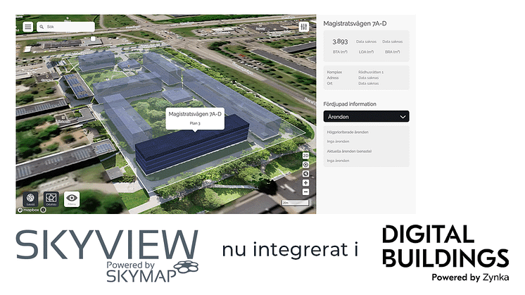 Zynka BIM och SkyMap har inlett ett samarbete som bland annat innebär att visualiseringsverktyget SkyView integrerats i Digital Buildings för att visualisera utomhusmiljöer som tak, fasader och markytor.