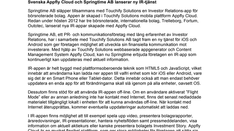 Svenska Appfly Cloud och Springtime AB lanserar ny IR-tjänst