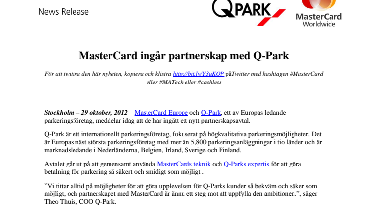 MasterCard ingår partnerskap med Q-Park