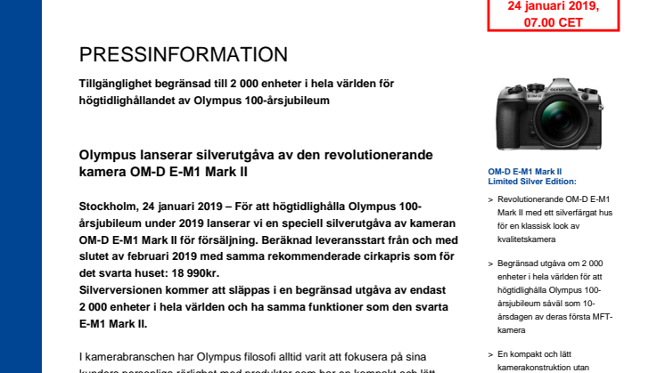 Olympus lanserar silverutgåva av den revolutionerande kamera OM-D E-M1 Mark II