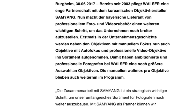 WALSER übernimmt offizielle Samyang Distribution für Deutschland und Österreich