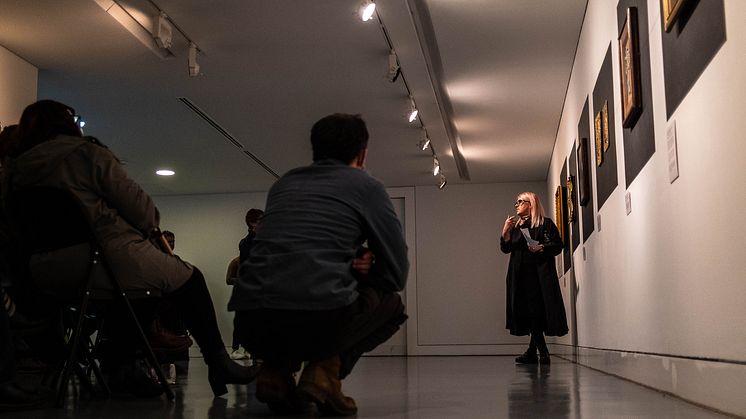 Claire A Baker introduces 'The Red Thread' exhibition at the Middlesbrough Institute of Modern Art (MIMA). Image credit: Craig McCann McMillan.
