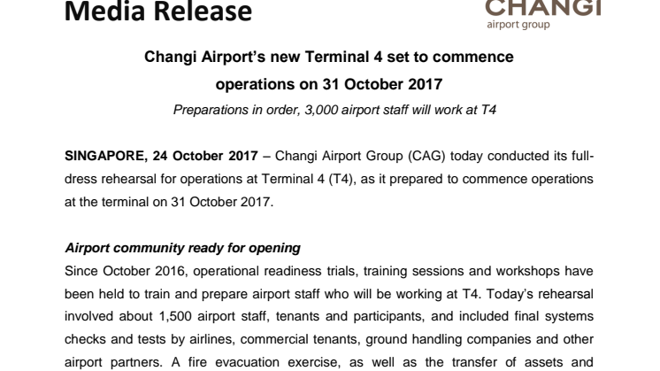 Changi Airport’s new Terminal 4 set to commence operations on 31 October 2017