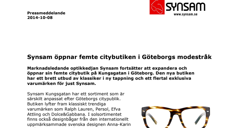 Synsam öppnar femte citybutiken i Göteborgs modestråk