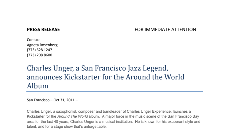 Charles Unger, a San Francisco Jazz Legend announces Kickstarter for the Around the World Album