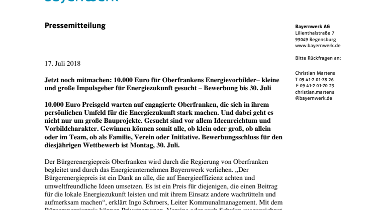 10.000 Euro für Oberfrankens Energiehelden - Bewerbung für Bürgerenergiepreis bis 30. Juli