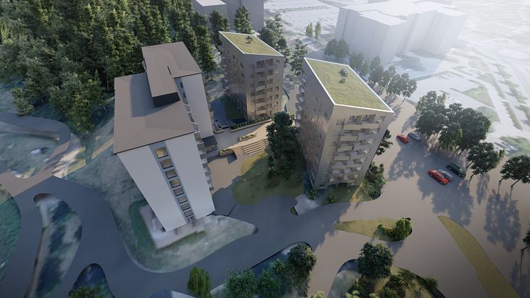 I Universitetsstaden, vid cykelbron Svingen, planeras 157 lägenheter. Visionsbild LINK Arkitektur
