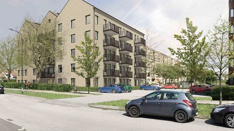 Visionsbild: Stena Fastigheter bygger fyra nya fastigheter med 135 miljöcertifierade lägenheter på västra Bellevuegården.