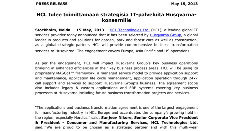 HCL tulee toimittamaan strategisia IT-palveluita Husqvarna-konsernille