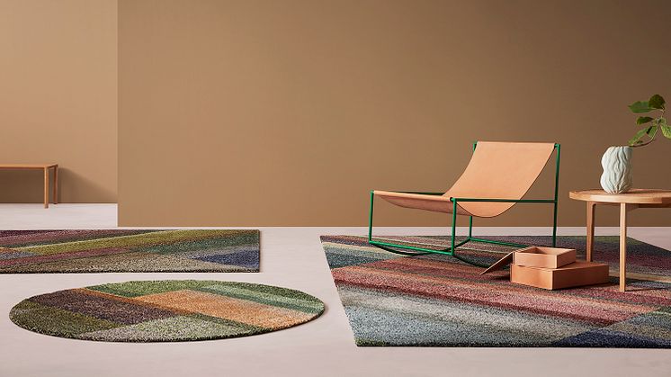 First out in the collection is Flourish, a hand-tufted wool rug made of residual yarn that brings to mind expansive geometric airfields and the color mosaics of open landscapes.