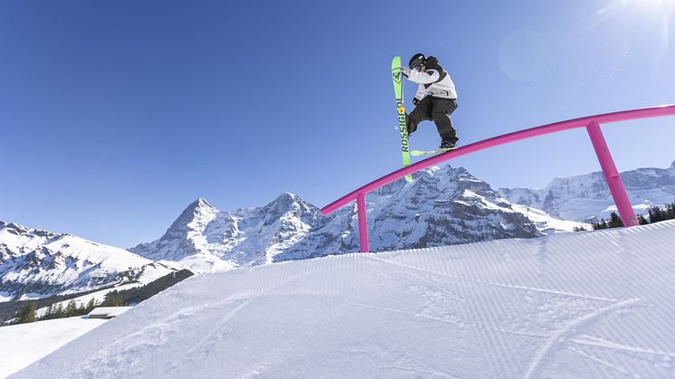 Freeskier auf einem Rail im Skyline Snowpark vor Eiger, Mönch und Jungfrau