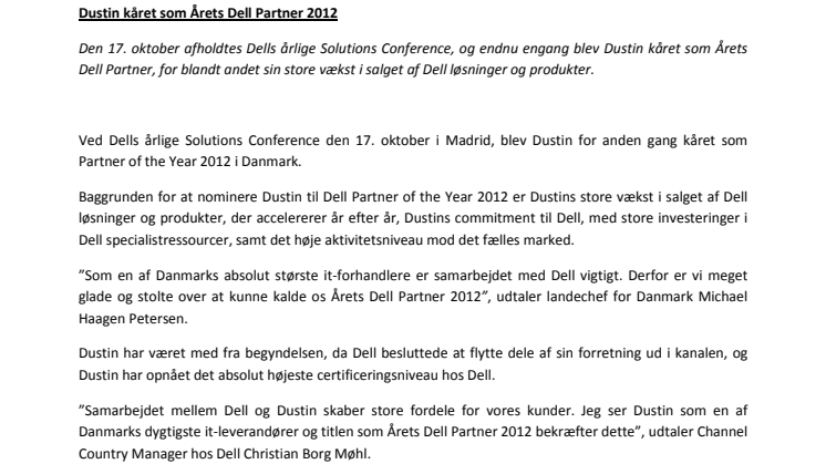 Dustin kåret som Årets Dell Partner 2012
