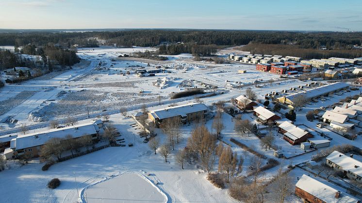 Översiktsbild av det kommande området BoKlok Ryttaren i södra Gunsta, Uppsala. 