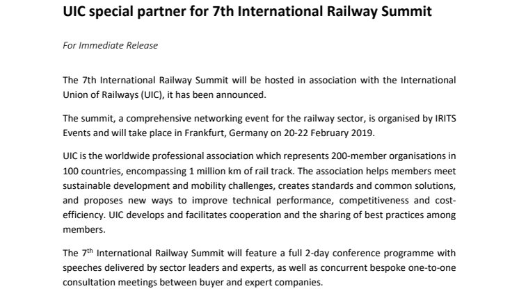 UIC special partner for 7th International Railway Summit