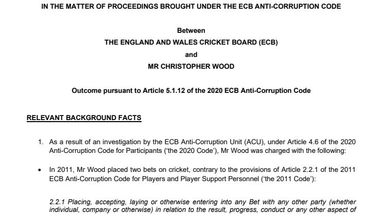 Chris Wood receives suspended ban following ECB investigation
