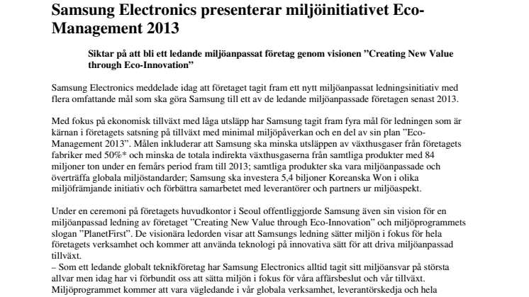 Samsung Electronics presenterar miljöinitiativet Eco-Management 2013