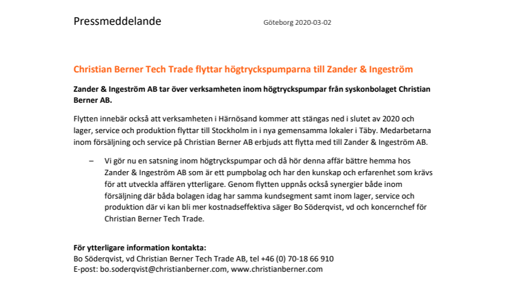 Christian Berner Tech Trade flyttar högtryckspumparna till Zander & Ingeström