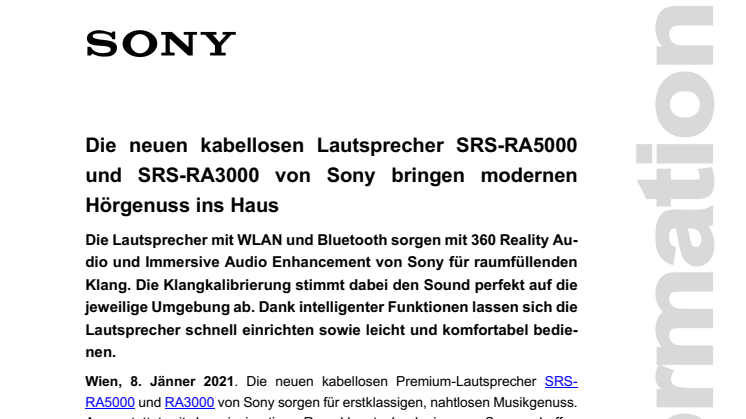 Die neuen kabellosen Lautsprecher SRS-RA5000 und SRS-RA3000 von Sony bringen modernen Hörgenuss ins Haus