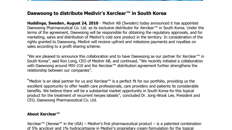 Daewoong to distribute Medivir’s Xerclear™ in South Korea