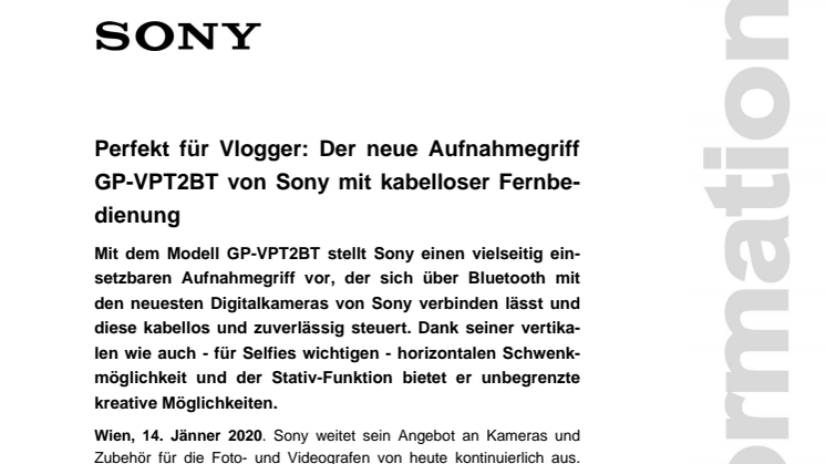 Perfekt für Vlogger: Der neue Aufnahmegriff GP-VPT2BT von Sony mit kabelloser Fernbedienung  
