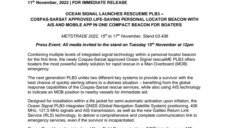 11 Nov 22 - METSTRADE - Ocean Signal Launches rescueME PLB3.pdf
